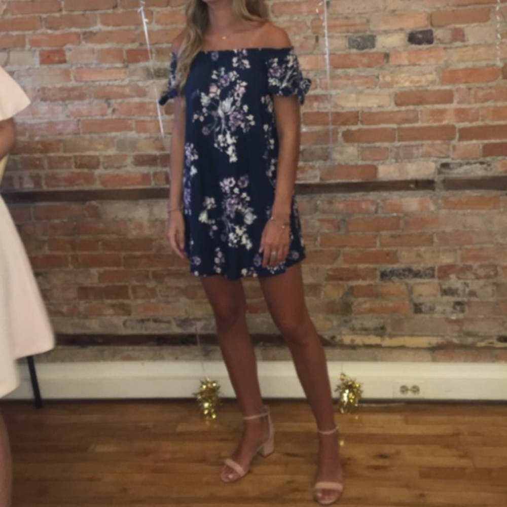Navy blue floral off the shoulder dress
